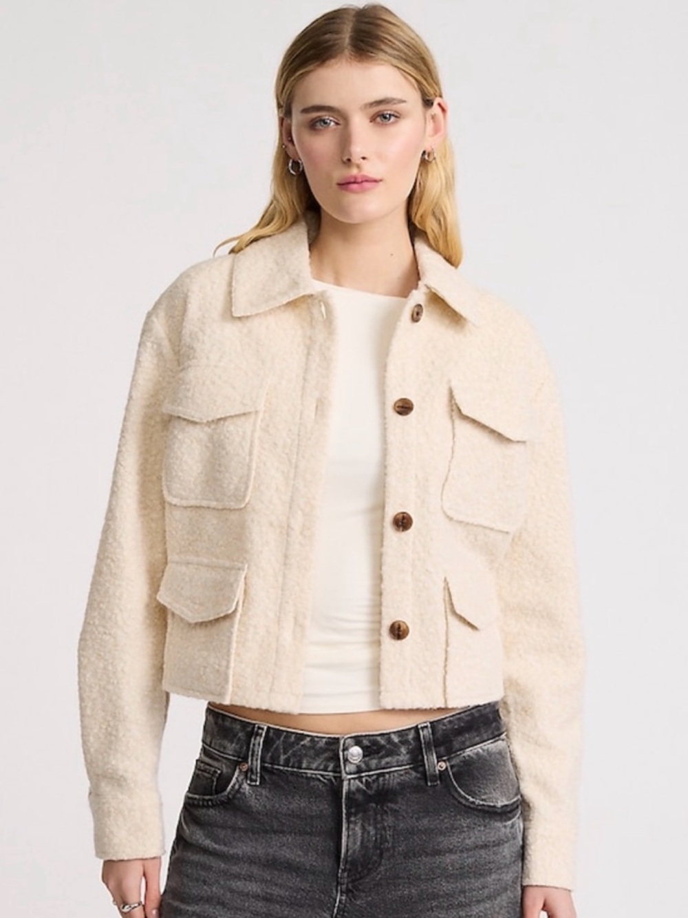 ☁️ EXPRESS Boucle Four Pocket Cropped Jacket Sandshell Off-White Cream Small S